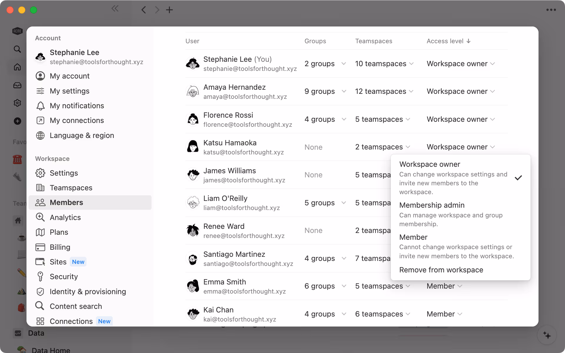 Change a teammates access level using the dropdown menu next to their name.