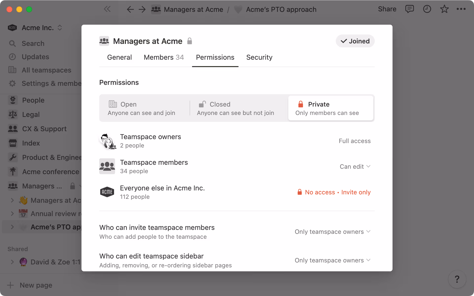 Create custom permission settings to suit your needs — all pages in your teamspace will inherit these settings.